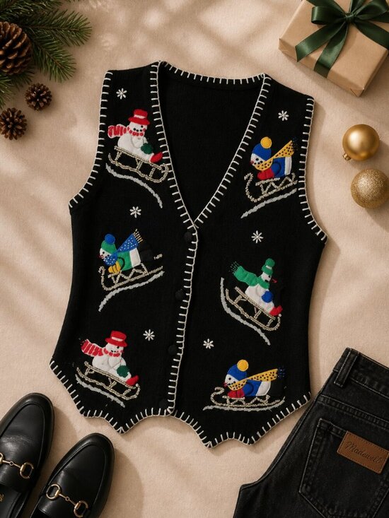 Victoria Jones Woman Jackets & Blazers - Victoria Jones Holiday Sweater Vest Santa Sleigh – Size Medium